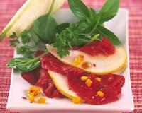 Poire et boeuf en carpaccio à la vinaigrette de mangue