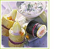 Sushi d'endives au saumon mariné, caillé à l'aneth et sauce soja